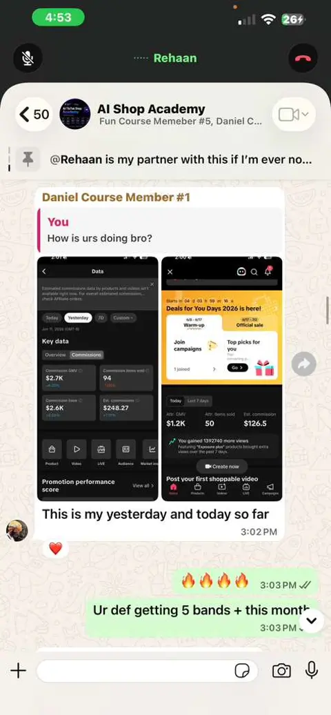 WhatsApp chat sharing $2.7K and $1.2K daily GMV dashboards: "Ur def getting 5 bands + this month"