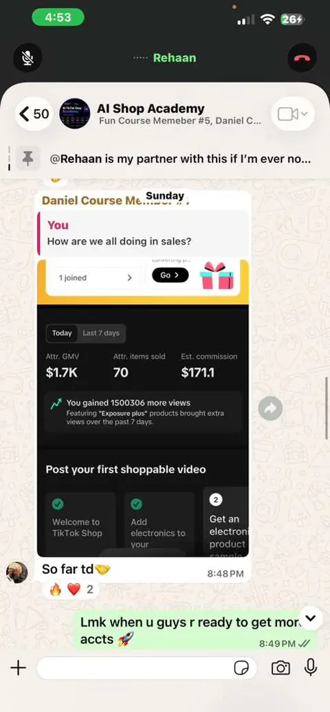 WhatsApp chat sharing $1.7K GMV today and 1.5M extra views: "Lmk when u guys r ready to get more accts"