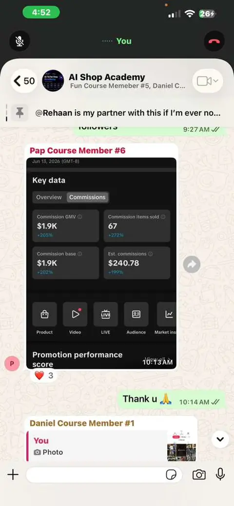 WhatsApp chat sharing a $1.9K commission GMV dashboard, up 205%