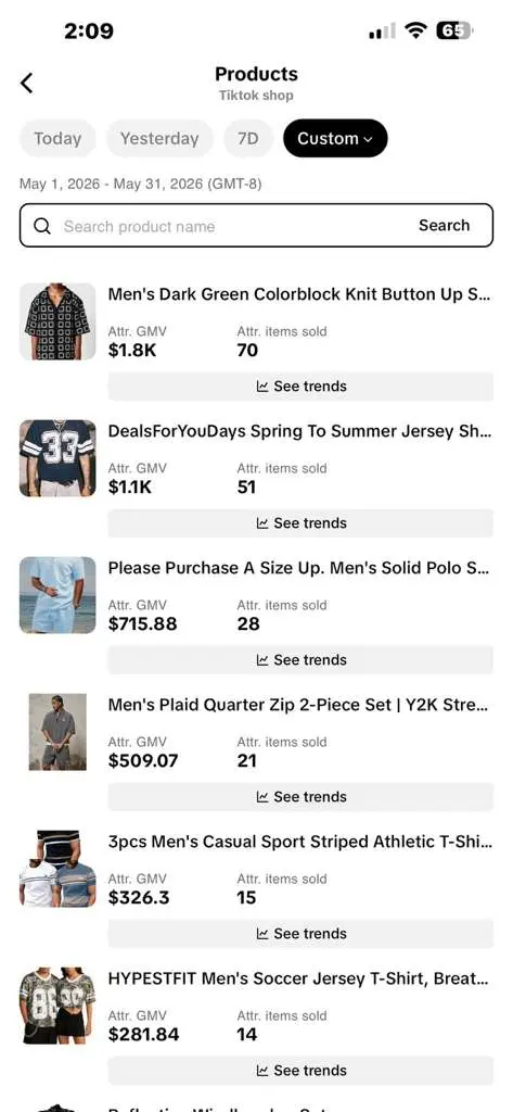 TikTok Shop product list with attributed GMV for May